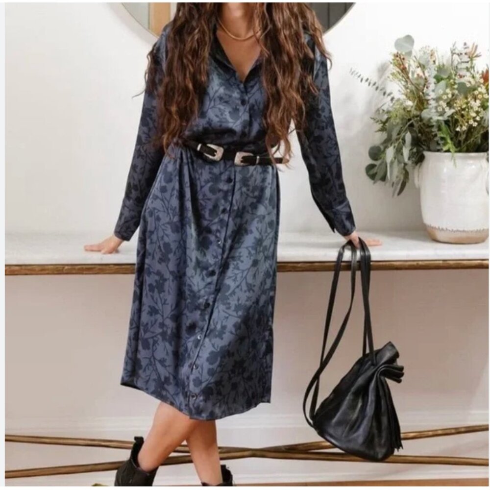 Smash & Tess The Park Shirt Midnight Floral Midi Shirt Dress Grey Medium